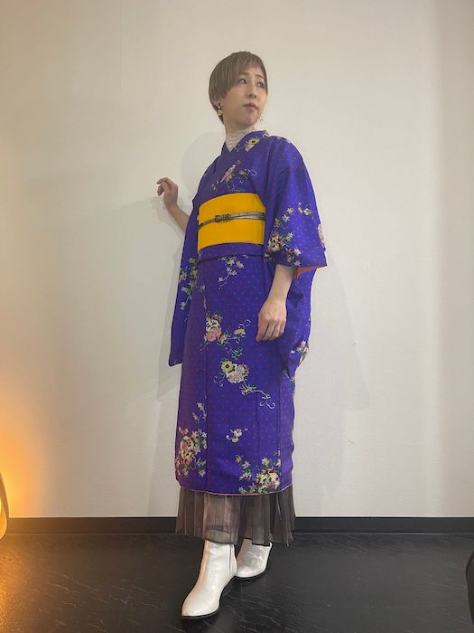 楓、菊模様 青紫色 アンティーク着物